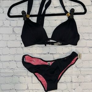 PINK Victoria's Secret Black and Pink Textured Bikini